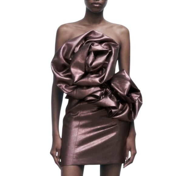 NWT ZARA METALLIC BRONZE ROSE GLAM MINI DRESS GORGEOUS BODYCON COCKTAILS MEDIUM - Picture 4 of 10